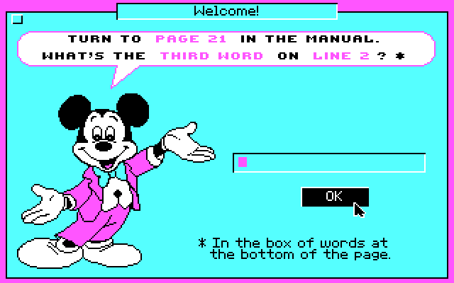 Mickey & Minnie's Fun Time Print Kit IBM PC/Compatibles Screenshot: Copy protection.