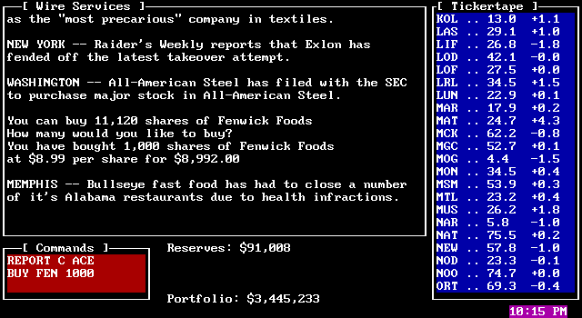 Corporate Raider: The Pirate of Wall St. IBM PC/Compatibles Screenshot: Buying some stocks.