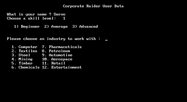 Corporate Raider: The Pirate of Wall St. IBM PC/Compatibles Screenshot: Game start; first, setup your profile.
