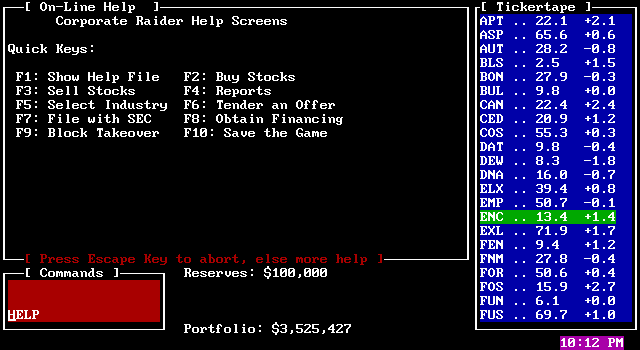 Corporate Raider: The Pirate of Wall St. IBM PC/Compatibles Screenshot: One of several help screens.