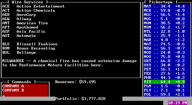 Corporate Raider: The Pirate of Wall St. IBM PC/Compatibles Screenshot: You can view which company the stock symbols are for.