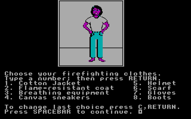 House-a-Fire! IBM PC/Compatibles Screenshot: Select your firefighting clothes.