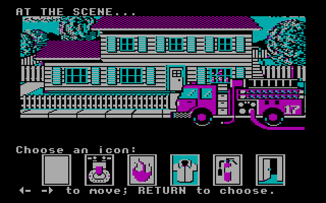 House-a-Fire! IBM PC/Compatibles Screenshot: Arrived at the fire; what should you do?