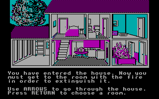 House-a-Fire! IBM PC/Compatibles Screenshot: You have entered the house; what do you do?