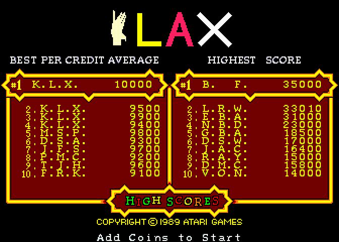 Klax Arcade Screenshot: High score table.