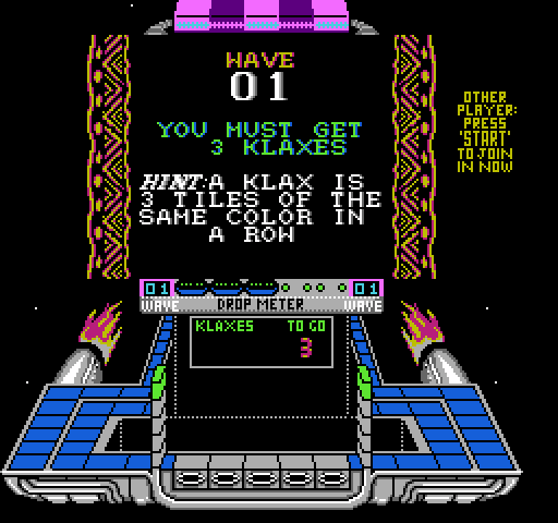 Klax NES / Famicom Screenshot: Wave 01; make 3 Klaxes...