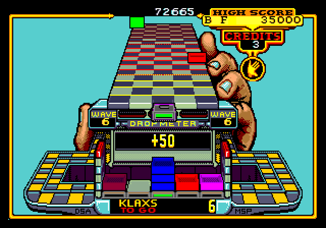 Klax Sega Genesis / Mega Drive Screenshot: Earn 50 points for a vertical Klax!