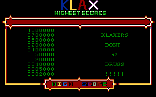 Klax IBM PC/Compatibles Screenshot: High scores.