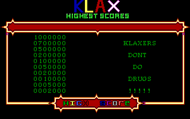 Klax IBM PC/Compatibles Screenshot: High scores.