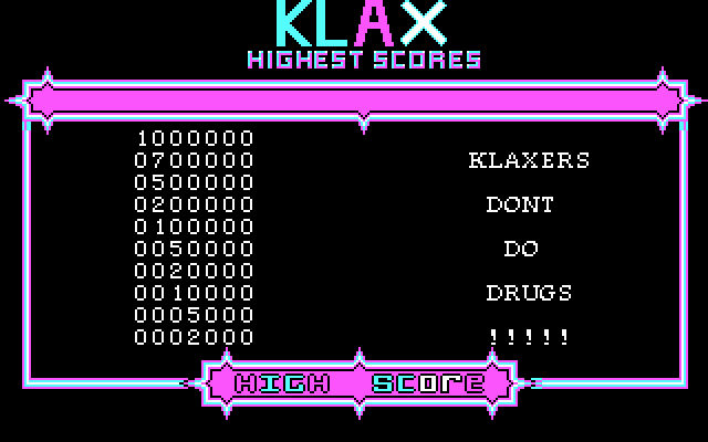 Klax IBM PC/Compatibles Screenshot: High scores.