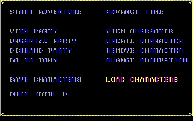 Sorcerian IBM PC/Compatibles Screenshot: The main menu.