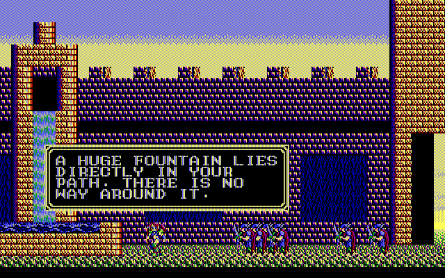 Sorcerian IBM PC/Compatibles Screenshot: A fountain blocks the path.