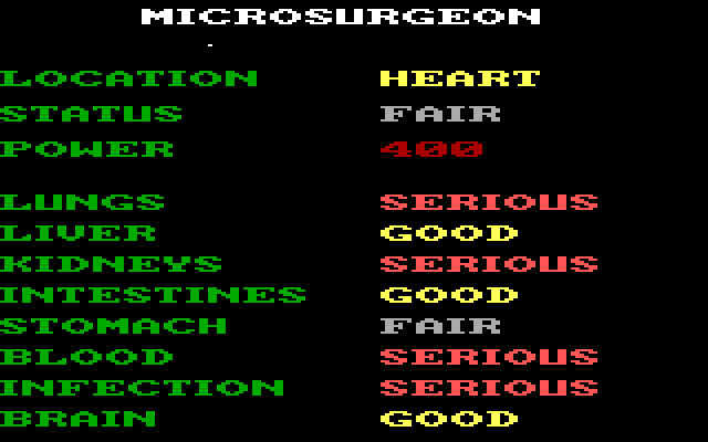 Microsurgeon IBM PC/Compatibles Screenshot: Patient status.