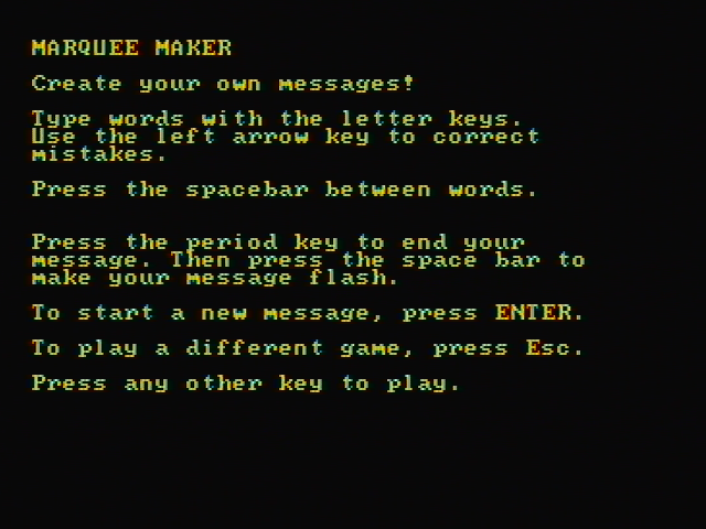 Alphabet Circus IBM PC/Compatibles Screenshot: Marquee maker instructions.