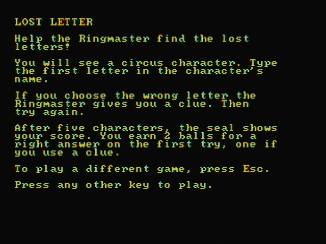 Alphabet Circus IBM PC/Compatibles Screenshot: Game instructions for lost letter.