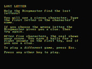 Alphabet Circus for IBM PC/Compatibles - Game instructions for lost letter.