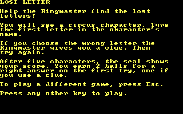 Alphabet Circus IBM PC/Compatibles Screenshot: "Lost Letter" game instructions.