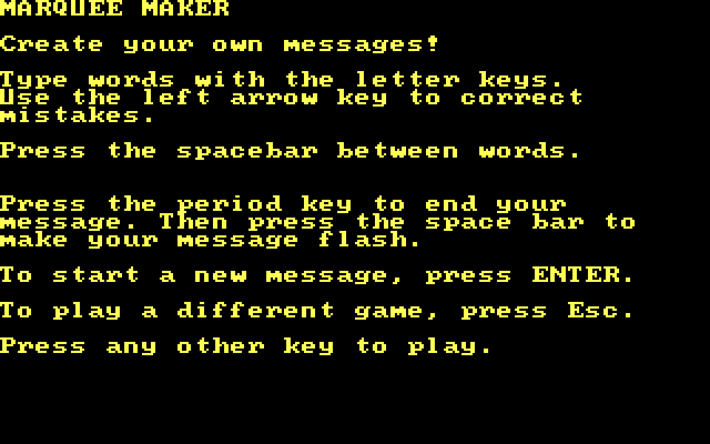 Alphabet Circus IBM PC/Compatibles Screenshot: Marquee Maker instructions...