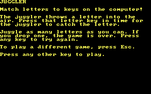 Alphabet Circus IBM PC/Compatibles Screenshot: Game instructions for "Juggler".