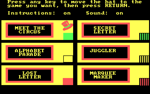 Alphabet Circus IBM PC/Compatibles Screenshot: The main menu.