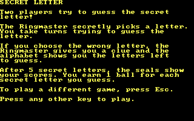 Alphabet Circus IBM PC/Compatibles Screenshot: "Secret Letter" game instructions...