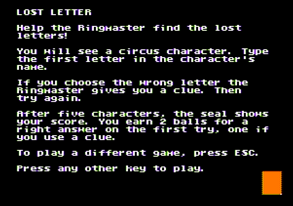 Alphabet Circus Apple II Screenshot: Here's how to play Lost Letter...