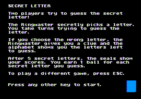 Alphabet Circus Apple II Screenshot: Secret Letter game instructions.