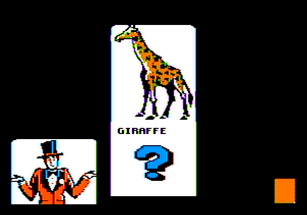 Alphabet Circus Apple II Screenshot: If you guess wrong, the game provides the animal name as a clue.