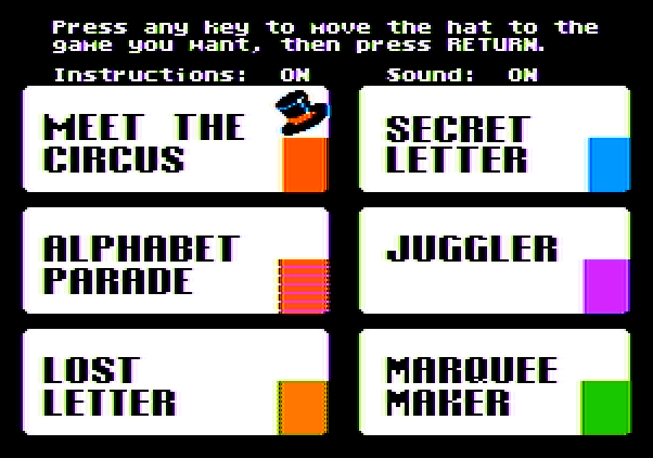 Alphabet Circus Apple II Screenshot: The main menu.