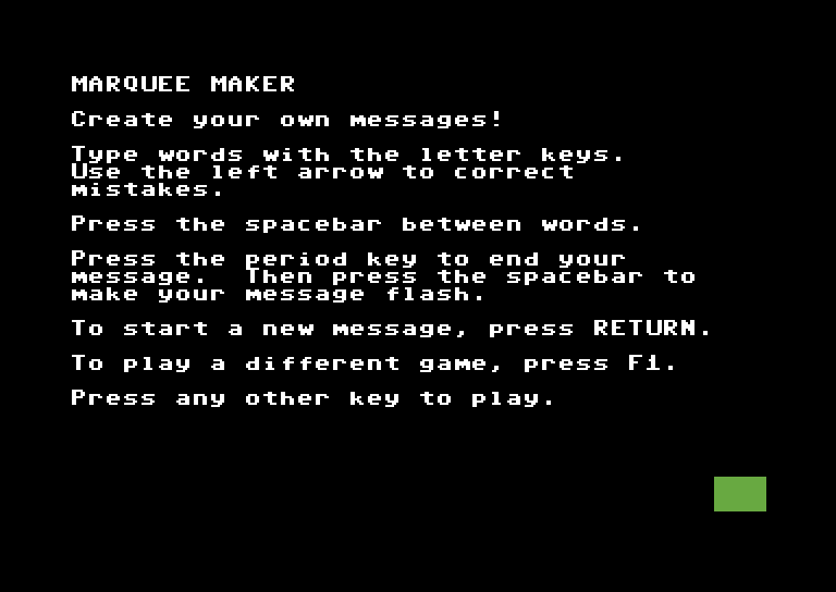 Alphabet Circus Commodore 64 Screenshot: About the marquee maker.