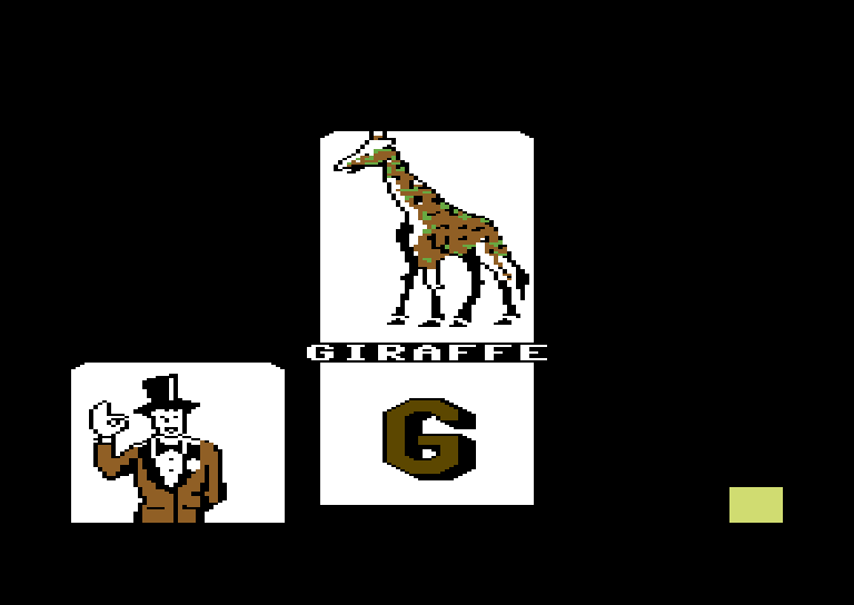 Alphabet Circus Commodore 64 Screenshot: Correct! G is for the giraffe.