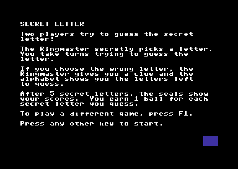 Alphabet Circus Commodore 64 Screenshot: Instructions for the secret letter game.