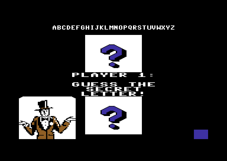 Alphabet Circus Commodore 64 Screenshot: Can you guess the secret letter?