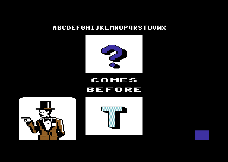 Alphabet Circus Commodore 64 Screenshot: The secret letter comes before T.