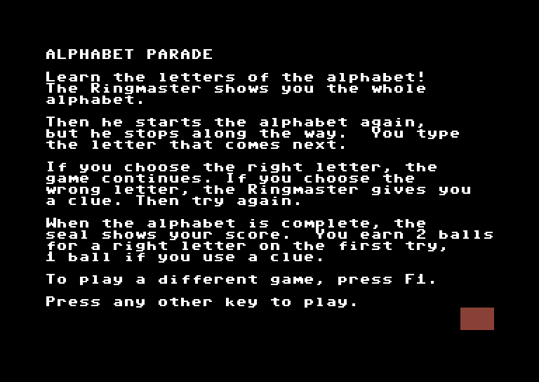Alphabet Circus Commodore 64 Screenshot: Instructions for the alphabet parade game.