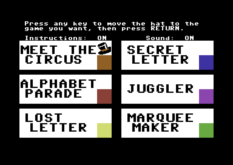 Alphabet Circus Commodore 64 Screenshot: The main menu.