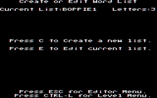 Boppie's Great Word Chase IBM PC/Compatibles Screenshot: Menu to create or edit a word list...