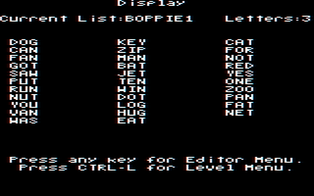 Boppie's Great Word Chase IBM PC/Compatibles Screenshot: Viewing a word list.