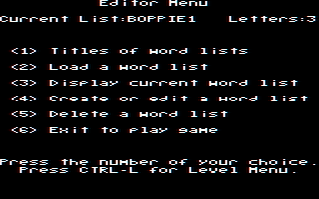 Boppie's Great Word Chase IBM PC/Compatibles Screenshot: The editor menu.