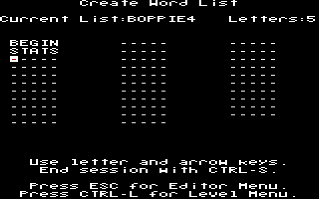 Boppie's Great Word Chase IBM PC/Compatibles Screenshot: You can create new word lists.
