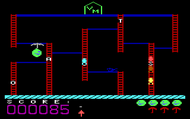 Boppie's Great Word Chase IBM PC/Compatibles Screenshot: Using an umbrella to jump to a lower level.