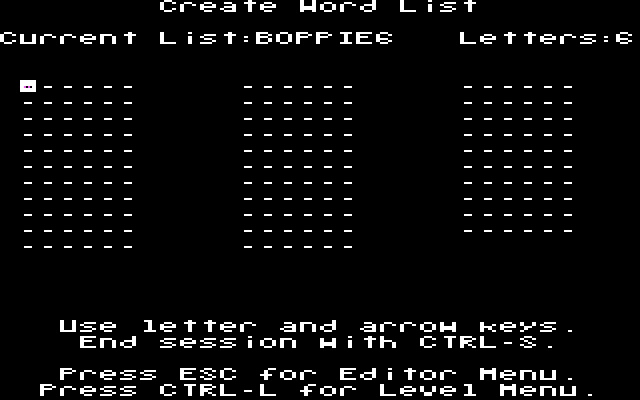 Boppie's Great Word Chase IBM PC/Compatibles Screenshot: You can create word lists of your own.