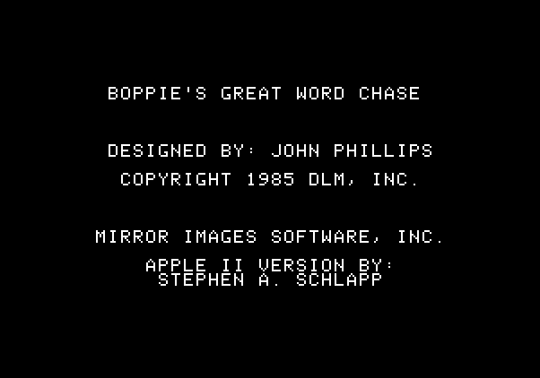 Boppie's Great Word Chase Apple II Screenshot: Title screen 1.