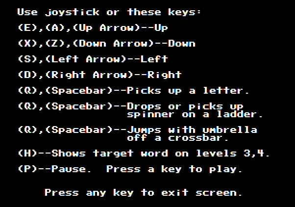 Boppie's Great Word Chase Apple II Screenshot: Game instructions.