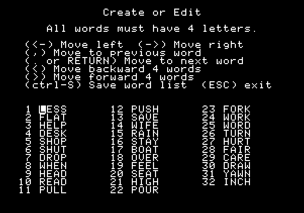 Boppie's Great Word Chase Apple II Screenshot: You can customize the list of words used in the game.