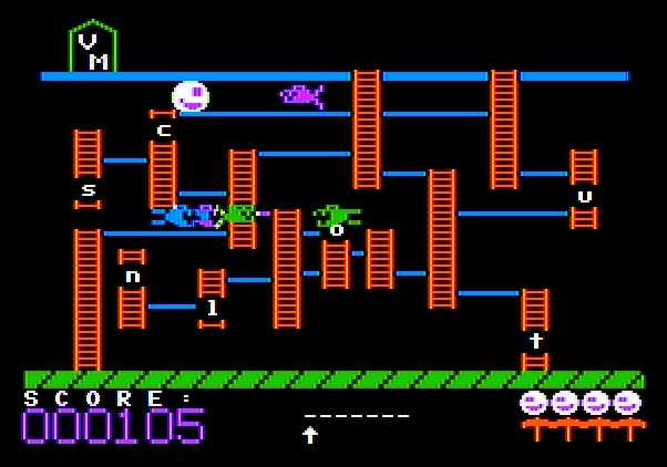 Boppie's Great Word Chase Apple II Screenshot: Don't get caught!
