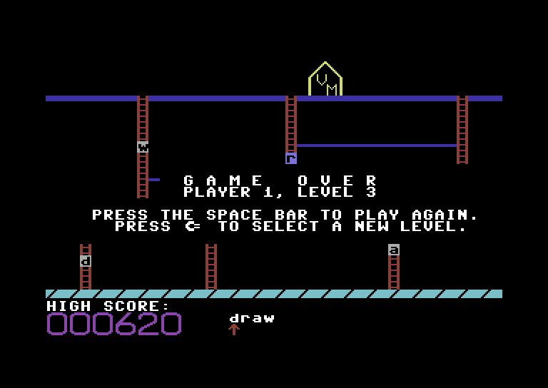 Boppie's Great Word Chase Commodore 64 Screenshot: Game over.