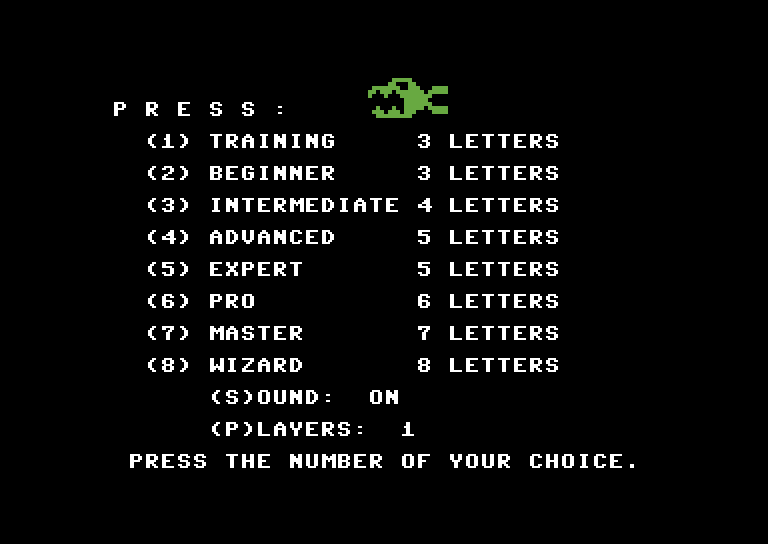 Boppie's Great Word Chase Commodore 64 Screenshot: The main menu.