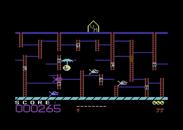 Boppie's Great Word Chase Commodore 64 Screenshot: Use umbrellas to escape from enemies...or float into trouble.