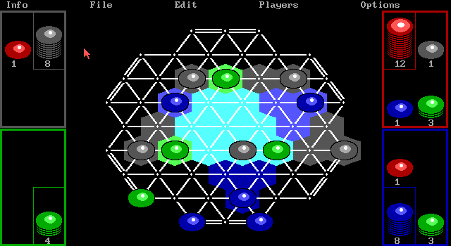 TrianGO IBM PC/Compatibles Screenshot: The red player contemplates a move.